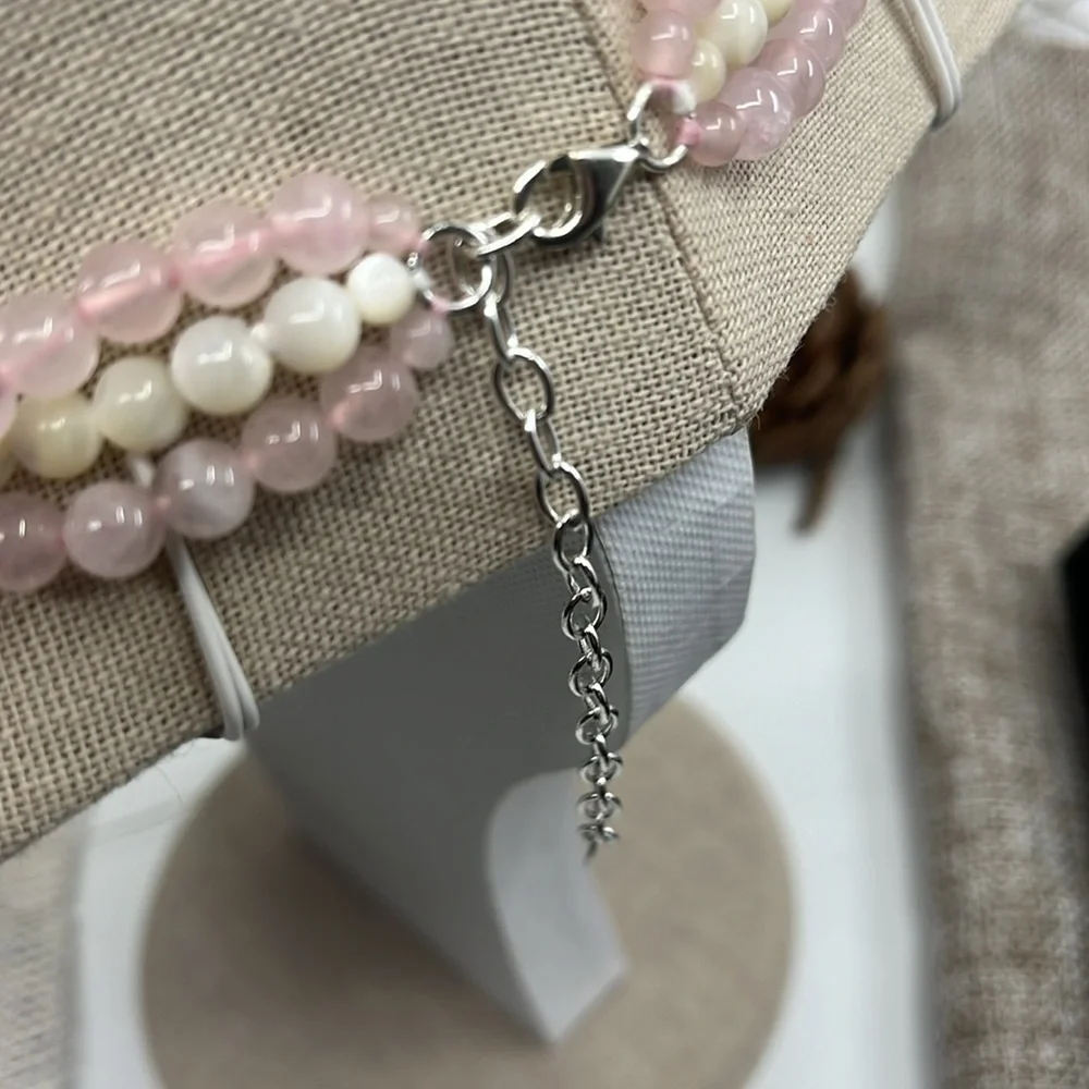 Vintage Rose Quartz Pearl Necklace Set - Mother-of-Pearl Cross Pendant - Picture 7 of 16